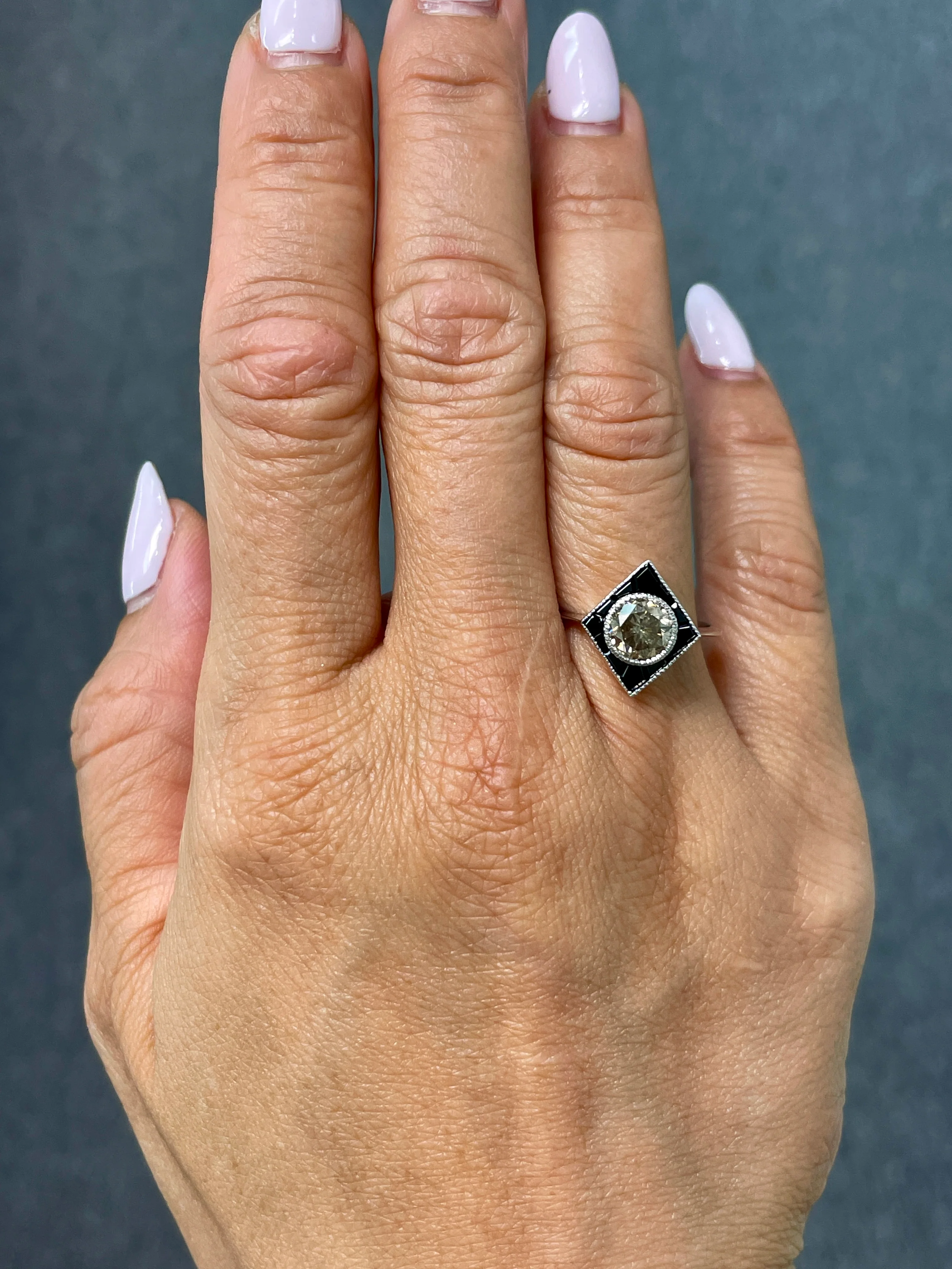 1.04 Carat Light Brown Diamond and Onyx Ring - Image 2